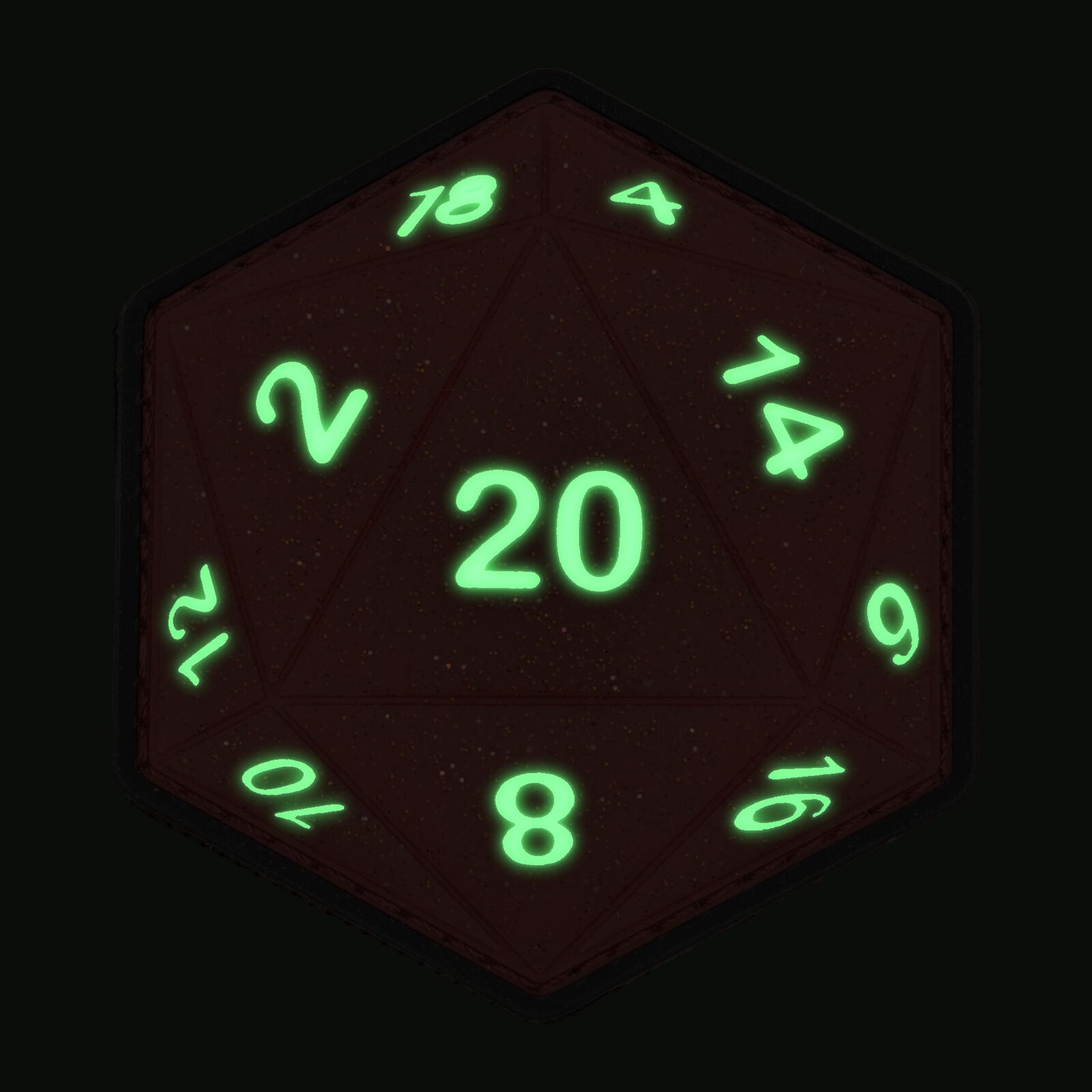 Sparkle SSR D20 Red 1st Edition glow-in-the-dark numbers shown in the dark by Patch Fiend