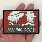 Feeling Good woven patch held in hand for size, by FOTB Patches
