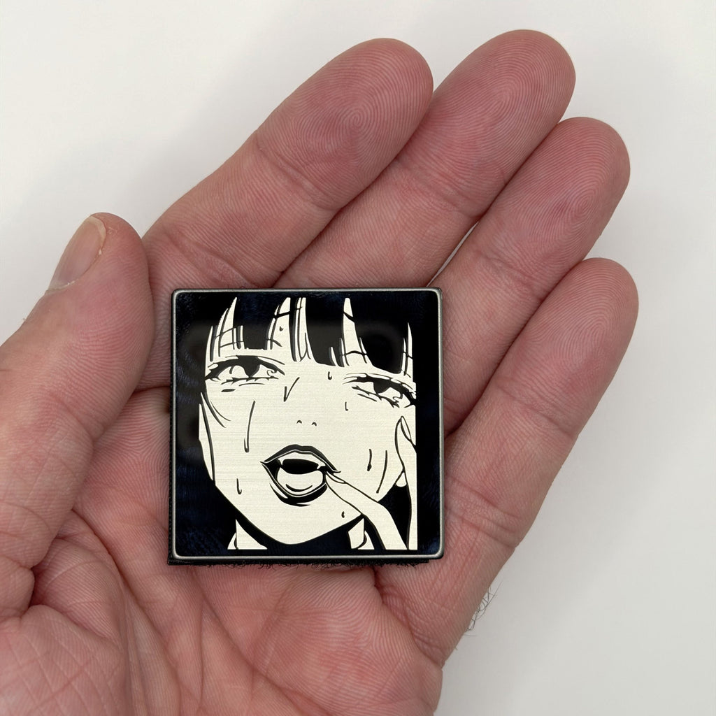 All In manga panel metal patch held in hand for size, by FOTB Patches