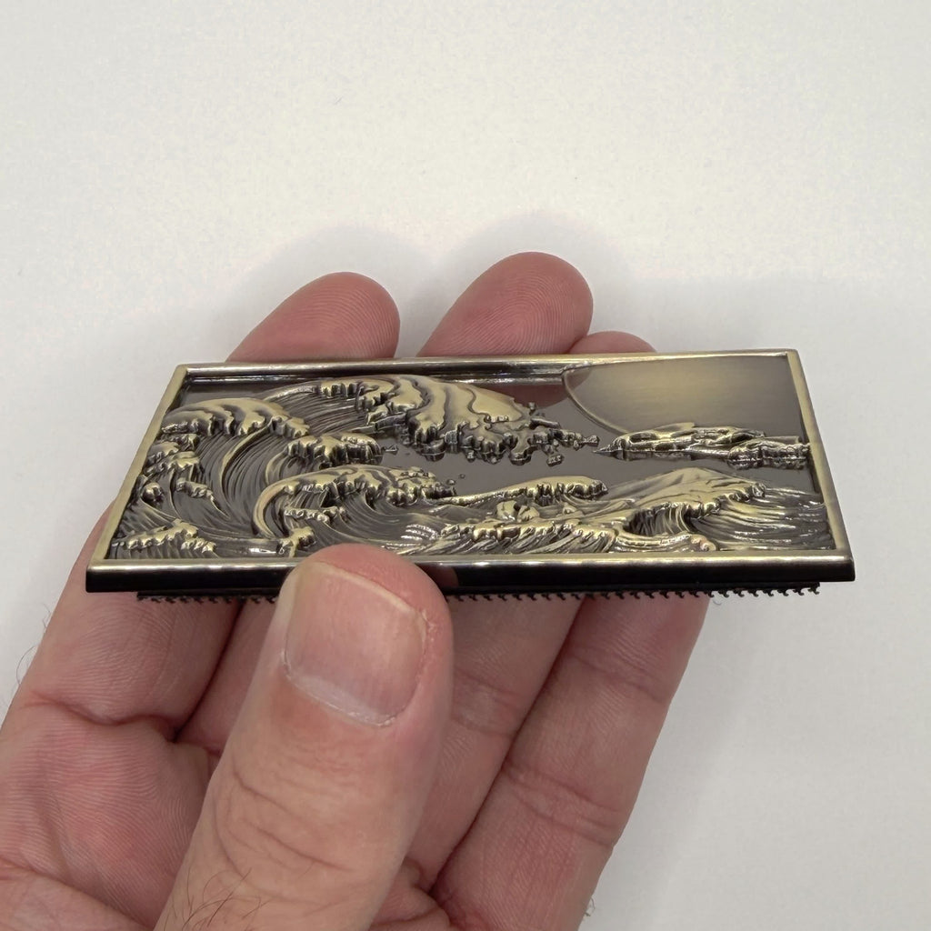 Great Wave metal patch held in hand for size, by FOTB Patches