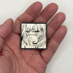 Cosplay Darling manga panel metal patch held in hand for size, by FOTB Patches