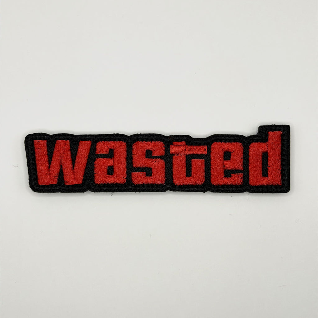 Wasted red block letters embroidered gaming patch by FOTB Patches