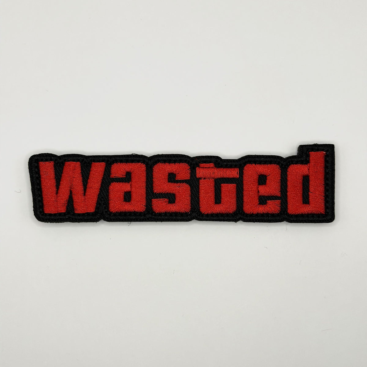 Wasted red block letters embroidered gaming patch by FOTB Patches