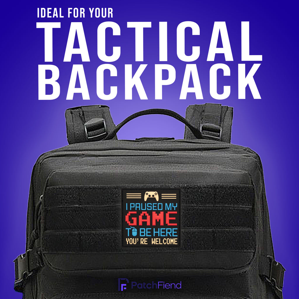"I Paused My Game" Gamer PVC Morale Patch, on a backpack