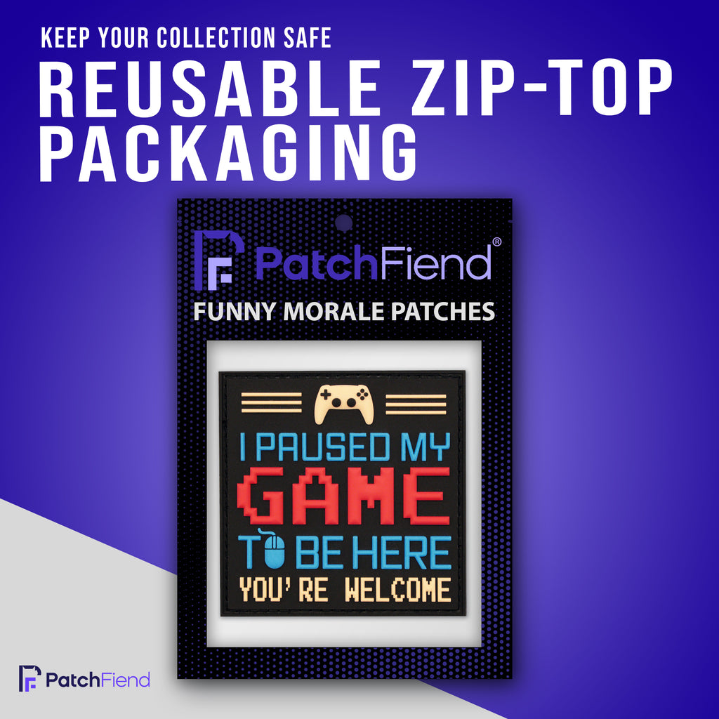 "I Paused My Game" Gamer PVC Morale Patch, in its packaging