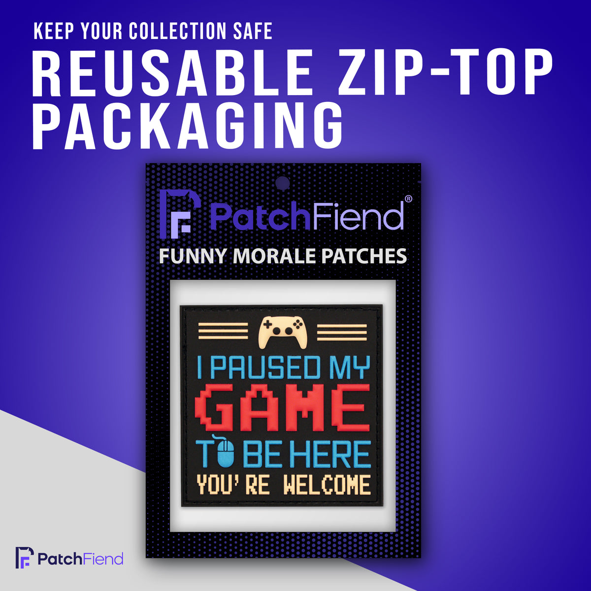 "I Paused My Game" Gamer PVC Morale Patch, in its packaging