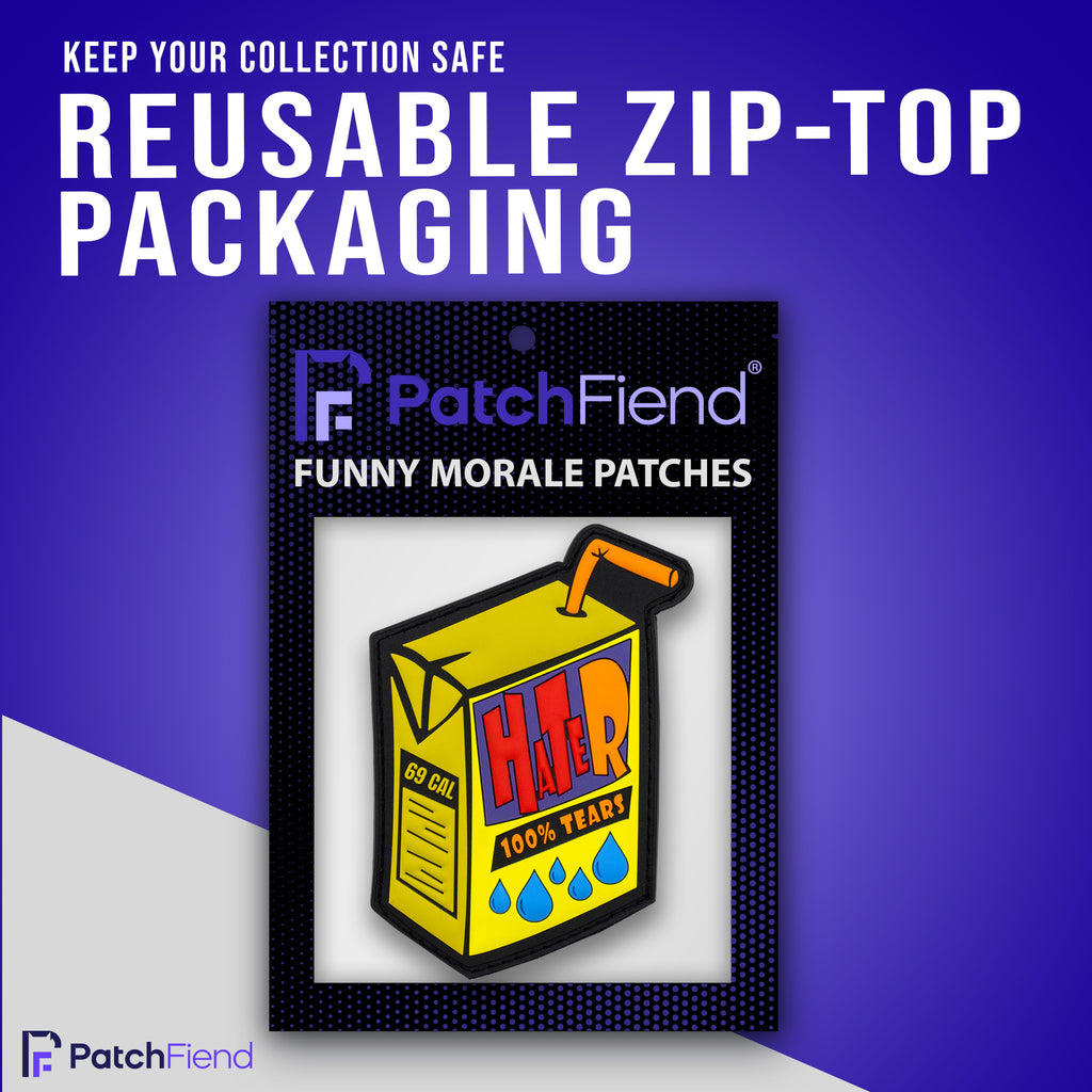 Hater Tears Juice Box PVC Morale Patch, in its packaging