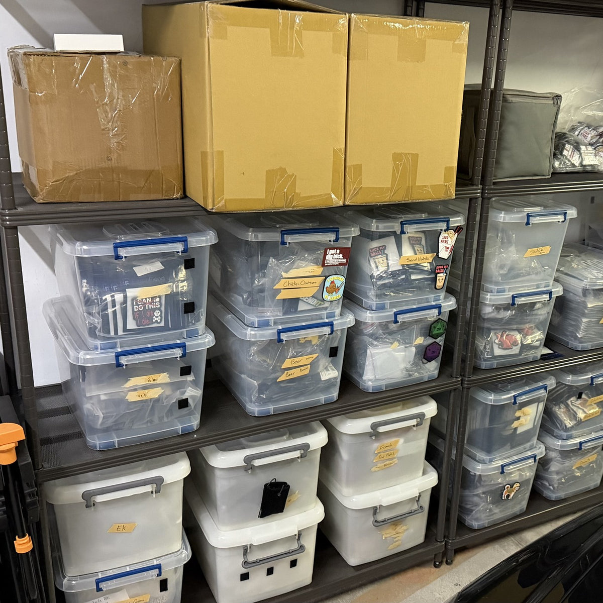 Shelves of labeled bins holding patch stock